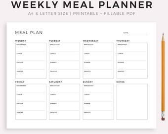 Printable Weekly Meal Planner Landscape, Food Diary, Meal Tracker, Food Journal, Meal Prep Planner, A4/A5/Letter/Half Size, Instant Download