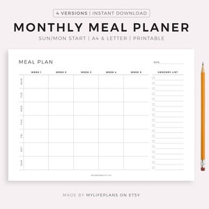 Maandelijkse maaltijdplanner afdrukbaar landschap, 30 dagen menuplanner, voedselplanner, A4/A5/Letter/Half size