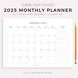 Planificador mensual horizontal 2025, mes con fecha en una página, calendario 2025, resumen del mes, tamaño A4/carta, imprimible y rellenable, descarga instantánea