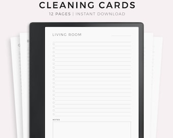 Pode incluir: Um planejador digital preto e branco com o texto "CLEANING CARDS" e "LIVING ROOM" na tela. O planejador é projetado para tablets Kindle Scribe e inclui 12 páginas.