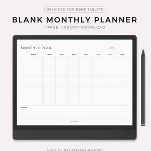 Blank Monthly Planner for Boox Note Series / Tab Series / Go 10.3, Landscape, Instant Download