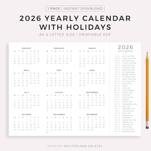2026 Year Calendar with Holidays on One Page, Printable, Landscape, Wall Calendar, Desk Calendar, Sunday & Monday Start, A4/Letter
