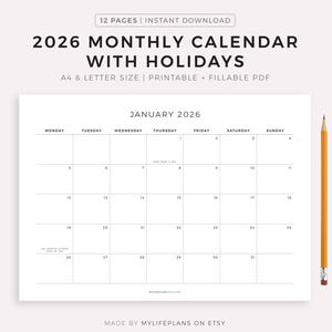 2026 Monthly Calendar with Holidays, Printable Calendar Template, Landscape, Minimalist Calendar, Year Calendar, Instant Download, A4/Letter