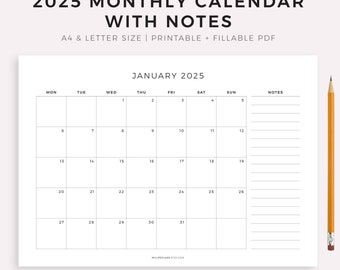2025 Monthly Calendar with Notes, Landscape, Printable Calendar Template, Minimalist Calendar, Year Calendar, Monday/Sunday Start, A4/Letter