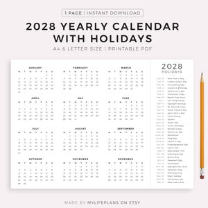 2028 Year Calendar with Holidays on One Page, Printable, Landscape, Wall Calendar, Desk Calendar, Sunday & Monday Start, A4/Letter