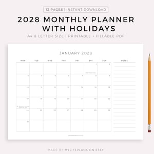 2028 Monthly Planner with Holidays, Monthly Organizer, Month At a Glance, 2028 Calendar, A4/Letter, Landscape, Printable & Fillable PDF