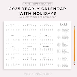 2025 Year Calendar with Holidays on One Page, Printable, Landscape, Wall Calendar, Desk Calendar, Sunday & Monday Start, A4/Letter