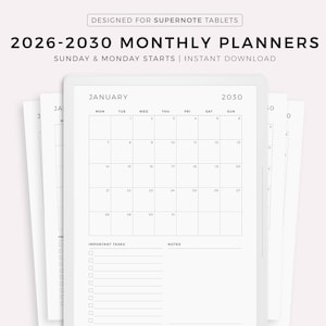 Può includere: Un planner digitale per tablet Supernote, con un layout di calendario bianco per gennaio 2030. Il planner include sezioni per attività importanti e note, con il testo "2026-2030 MONTHLY PLANNERS" e "INSTANT DOWNLOAD".