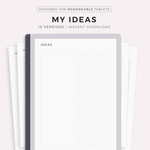 May include: A digital planner template for the Remarkable tablet, titled "My Ideas". The template features a dotted grid background and the text "Ideas" at the top.