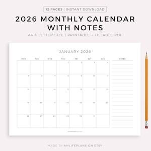 2026 Monthly Calendar with Notes, Landscape, Printable Calendar Template, Minimalist Calendar, Year Calendar, Monday/Sunday Start, A4/Letter
