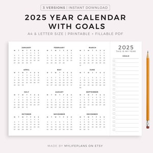 Calendário de 2025 com metas, calendário de mesa, calendário de parede, início de segunda e domingo, modelo de calendário para impressão em formato paisagem, A4/Carta