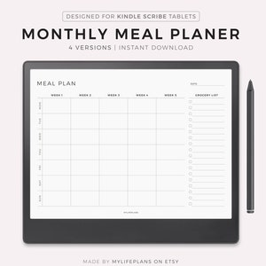 Planificador de comidas mensual para Kindle Scribe, horizontal, planificador de menú de 30 días, planificador de comidas, descarga instantánea