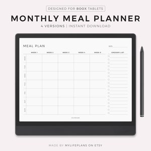 Planificador de comidas mensual para Boox Note Series / Tab Series / Go 10.3, descarga instantánea