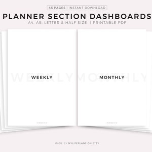 Paneles de planificación imprimibles, separadores minimalistas, tamaño A4/A5/Carta/Media página, descarga instantánea en PDF.
