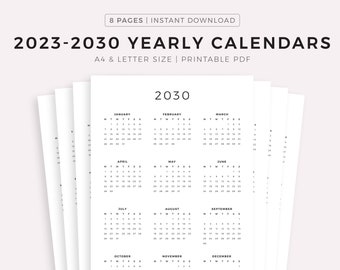 2024-2030 Year Calendars Printable, Yearly Wall Calendar, Desk Calendar, Sunday & Monday Start, Minimalist Calendar, A4/Letter, Vertical