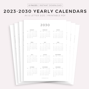 2024-2030 Year Calendars Printable, Yearly Wall Calendar, Desk Calendar, Sunday & Monday Start, Minimalist Calendar, A4/Letter, Vertical