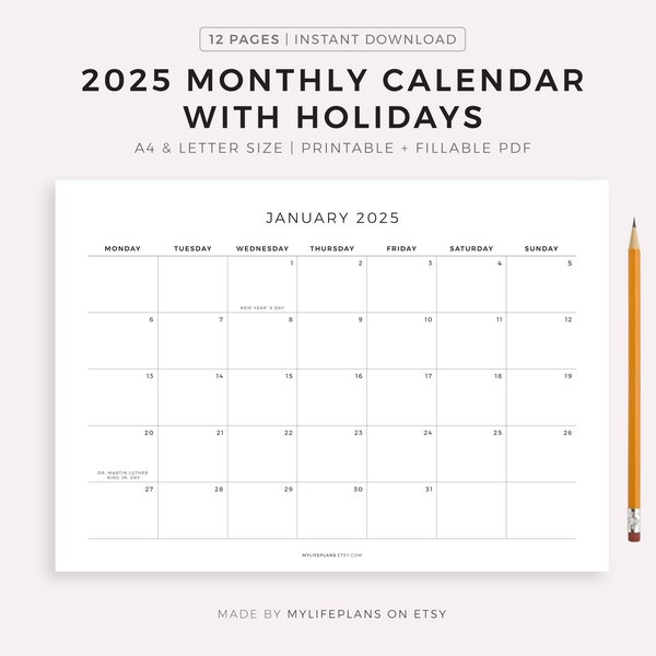 2025 Monthly Calendar with Holidays, Printable Calendar Template, Landscape, Minimalist Calendar, Year Calendar, Instant Download, A4/Letter