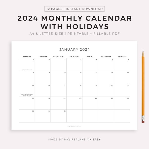 2024 Monthly Calendar with Holidays, Printable Calendar Template, Landscape, Minimalist Calendar, Year Calendar, Instant Download, A4/Letter