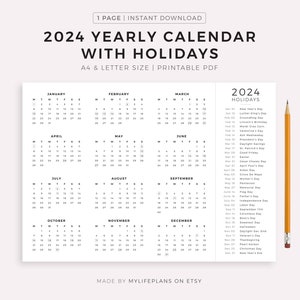 2024 Year Calendar with Holidays on One Page, Printable, Landscape, Wall Calendar, Desk Calendar, Sunday & Monday Start, A4/Letter image 1