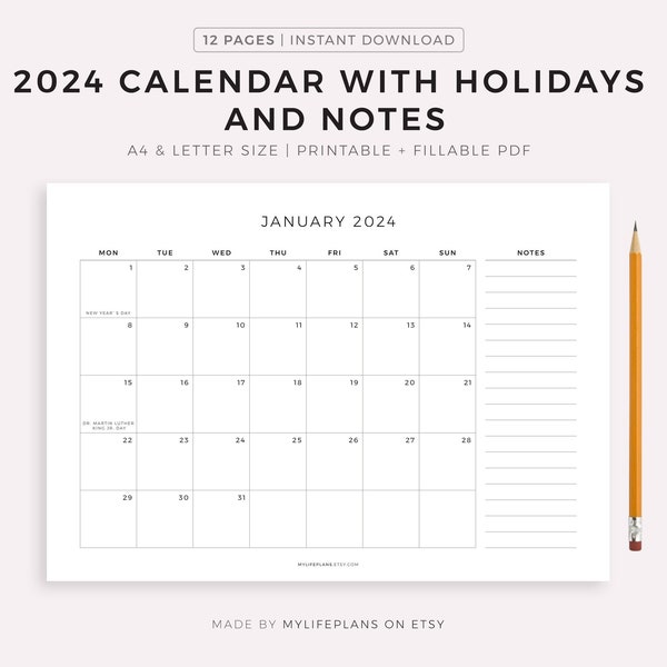 2024 Monthly Calendar with Holidays & Notes, Printable Calendar Template Fillable, Minimalist Calendar, Year Calendar, Landscape, A4/Letter