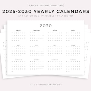 Calendario imprimible para el año 2025-2030, calendario minimalista, calendario de pared anual, calendario de escritorio, inicio en domingo y lunes, tamaño A4/carta