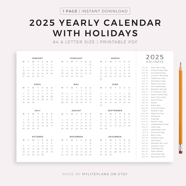 2025 Year Calendar with Holidays on One Page, Printable, Landscape, Wall Calendar, Desk Calendar, Sunday & Monday Start, A4/Letter