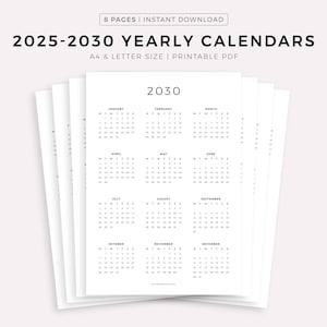 Calendario imprimible para el año 2025-2030, calendario anual de pared, calendario de escritorio, inicio en domingo y lunes, calendario minimalista, tamaño A4/carta, vertical