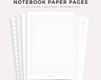 Notebook Paper Pages Printable, A4/A5/Letter/Half Size, Instant Download PDF
