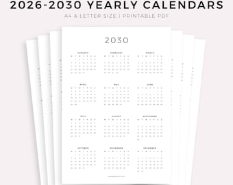 Calendários anuais de 2026 a 2030 para imprimir, calendário de parede anual, calendário de mesa, início no domingo e na segunda-feira, calendário minimalista, A4/Carta, vertical