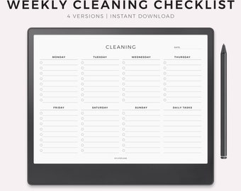 Pode incluir: Uma lista de verificação de limpeza semanal imprimível em preto e branco projetada para tablets Kindle Scribe. A lista de verificação inclui seções para segunda-feira, terça-feira, quarta-feira, quinta-feira, sexta-feira, sábado, domingo e tarefas diárias.