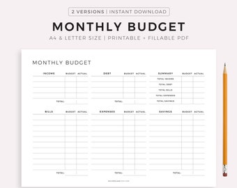 Monthly Budget Planner Landscape Printable PDF, Budget Tracker Template, Finance Overview, A4/Letter, Instant Download