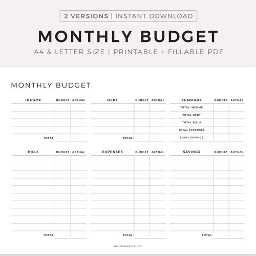 Monthly Budget Planner Printable &amp; Fillable PDF Budget - Etsy
