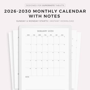 May include: A digital calendar for Supernote tablets, featuring a monthly layout for January 2030. The white calendar includes a grid with dates and space for notes, with the text "2026-2030 MONTHLY CALENDAR WITH NOTES". The design is clean and minimalist.