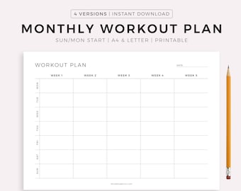 Monthly Workout Planner Printable Landscape, 30 Days Fitness Planner, Exercise Planner, Workout Journal, A4/Letter, Instant Download PDF