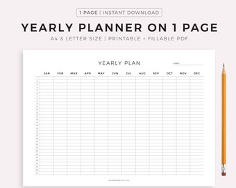 Yearly Planner on 1 Page Landscape, Year At a Glance, Calendar Template PDF, A4/Letter, Printable & Fillable, Instant Download