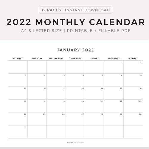 2022 monthly calendar landscape printable calendar template etsy