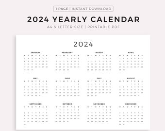 Druckbarer Jahreskalender 2024, Minimalistischer Kalender, Wandkalender, Tischkalender, Sonntag & Montag Start, A4/Letter