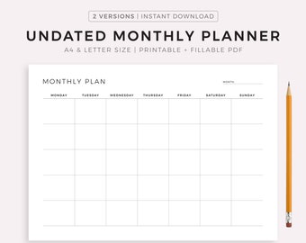 Undated Monthly Planner Printable Landscape, Monday & Sunday Start, Ink Friendly Minimalist Design, Instant Download, A4/Letter