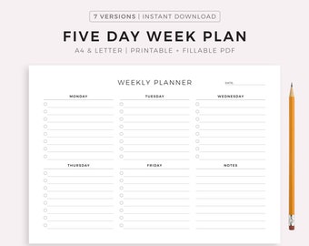 Five Day Weekly Planner Printable To Do List, Weekly Schedule, Week At a Glance, Student Planner, Work/Office Planner, A4/Letter, Landscape