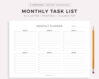 Monthly task list landscape, monthly planning printable, to do list template,  productivity planner, a4/a5/letter/half, instant download pdf - etsy