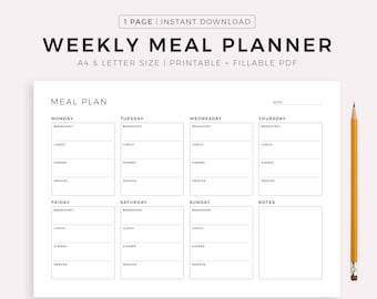 Printable Weekly Meal Planner Landscape, Food Diary, Meal Tracker, Food Journal, Meal Prep Planner, A4/A5/Letter/Half Size, Instant Download