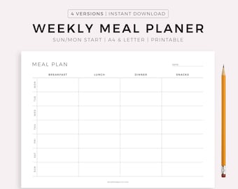 Weekly Meal Planning Printable Landscape, 7 Day Menu Planner, Meal Prep Planner, Food Planner, Health & Fitness, A4/A5/Letter/Half Size