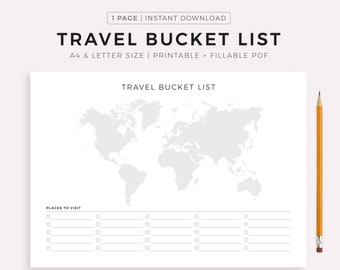 Travel Bucket List Printable Landscape, Wanderlust List, Travel To Do List, Dream Trips, Travel Wishlist, A4/Letter, Instant Download PDF