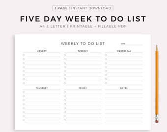 college student planner pdf Five Day Week To Do List Printable Landscape, Weekly Task List, Week At a Glance, Student/Teacher Planner, Work/Office Planner, A4/Letter