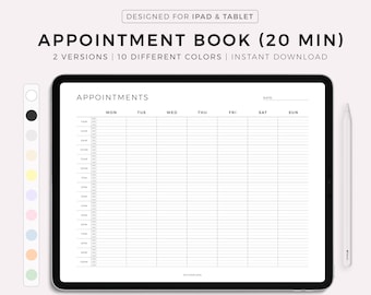 Digital Appointment Book 20 Minute Intervals Landscape, Appointment Reminder, Meeting Tracker, Week At a Glance, Goodnotes, Notability, iPad