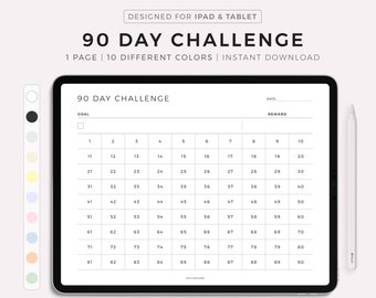 Panorama de plantillas digitales del desafío de 90 días, establecimiento de objetivos, seguimiento de progreso, formación de hábitos, Goodnotes, notabilidad, estante de notas, iPad y tableta