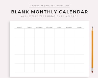 Blank Monthly Calendar Printable Landscape, Minimalist Calendar Template, Desk Calendar, Wall Calendar, Monday/Sunday Start, A4/Letter