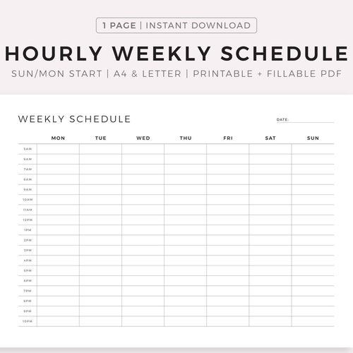 weekly planner printable weekly hourly planner weekly etsy