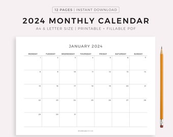 2024 Monthly Calendar Landscape, Printable Calendar Template, Minimalist Calendar, Year Calendar, Monday/Sunday Start, A4/Letter