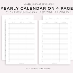 Calendario anual de cuatro páginas imprimible, resumen trimestral, planificador anual, plantilla de calendario minimalista, tamaño A4/A5/Carta/Media página, descarga instantánea